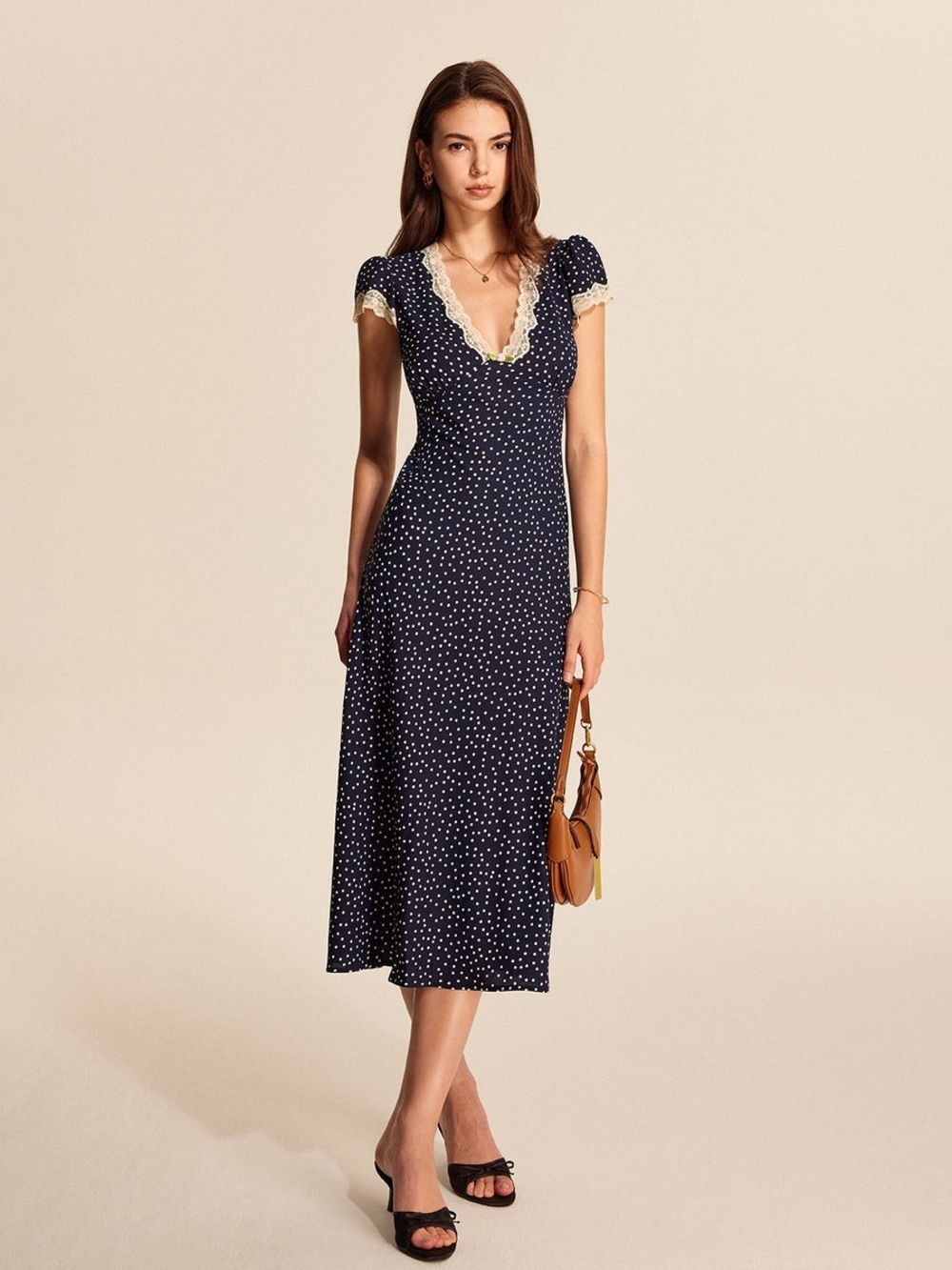 Commense Navy Polka Dot Midi Dress with Cream Lace Trim